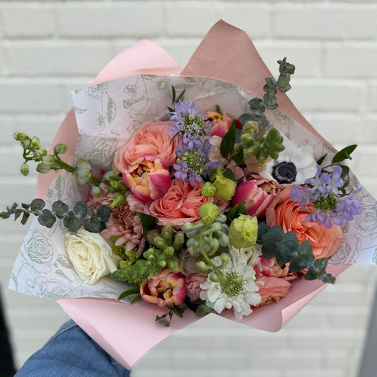 Bouquet of modern, garden
-style pink flowers for flower delivery in Pittsburgh PA.