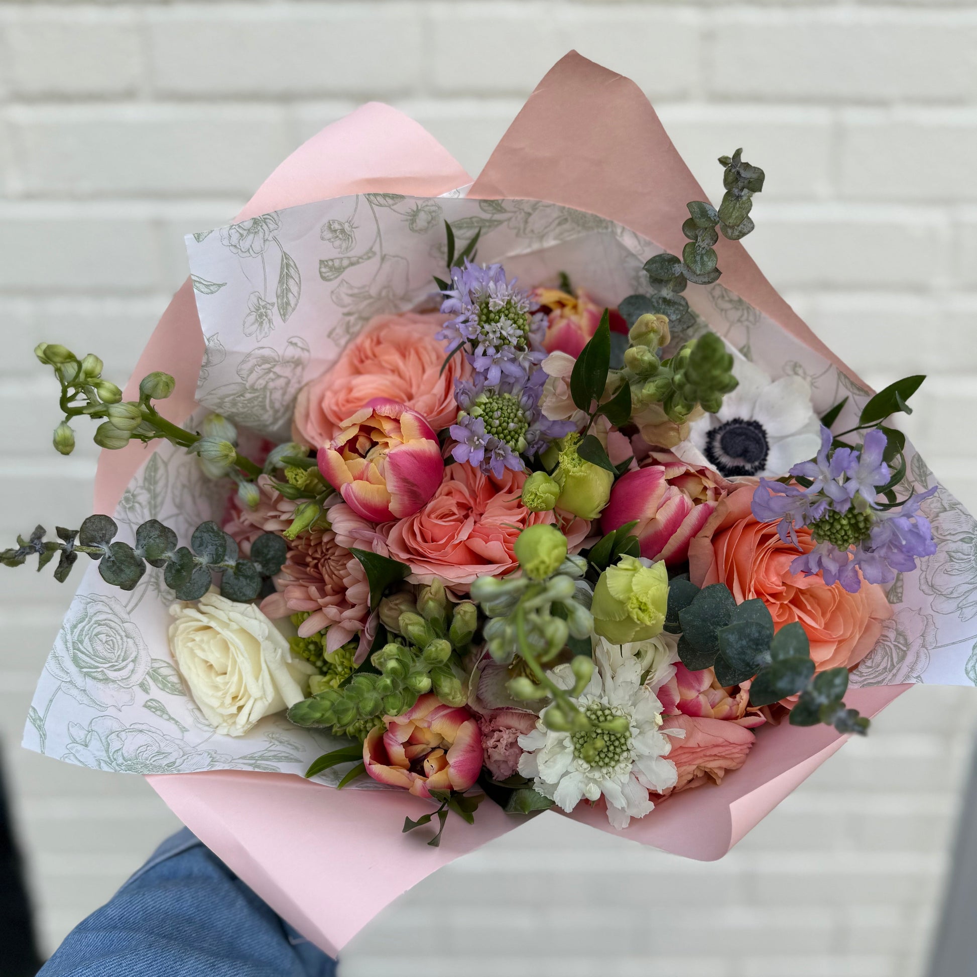 Bouquet of modern, garden
-style pink flowers for flower delivery in Pittsburgh PA.